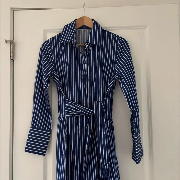 J.McLaughlin Orla Stripe Long Sleeve Tie Waist Button Front Midi Shirt Dress - Picture 7 of 9